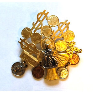Vtg Money Grows on Trees Brooch Pin Dangling Coin Charms I Love Money Pin MINT!